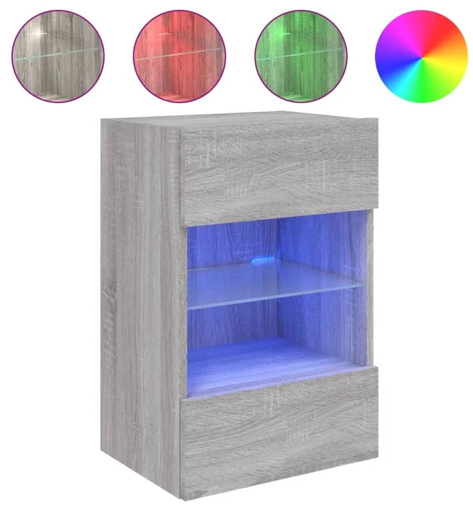 2 db szürke sonoma fali szekrények LED világítással TV-hez 40x30x60,5 cm