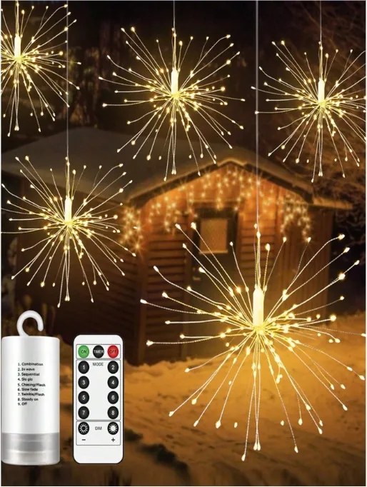 Tűzijáték Csillag Pitypang Lámpa Led Drót Fehér Meleg Távirányító 2db