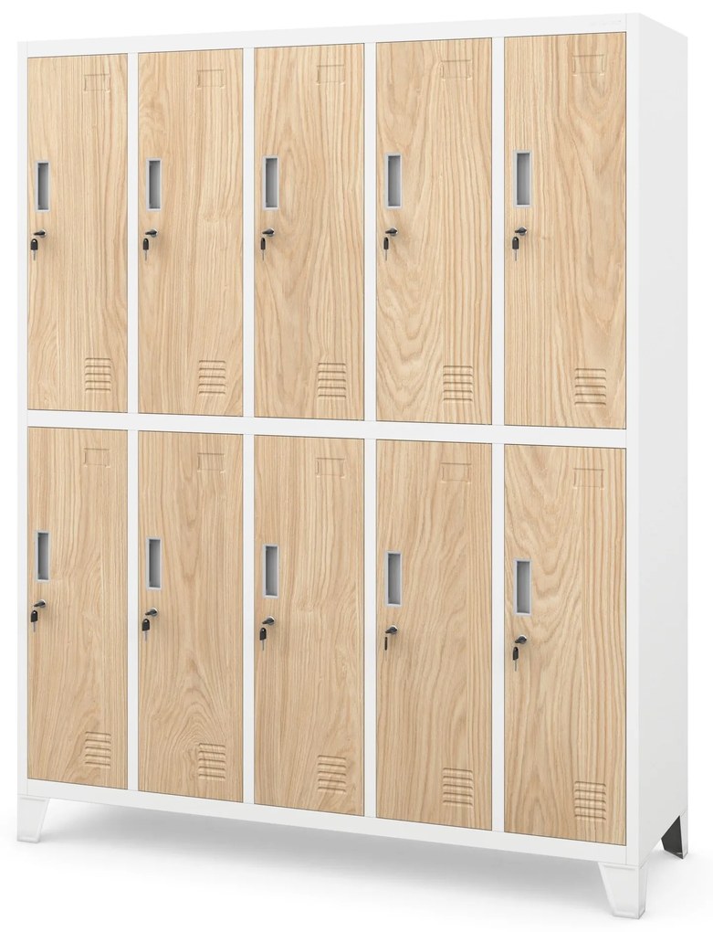 Pléh öltözőszekrény lábakon, 10 rekeszes BARTEK, 1360 x 1720 x 450 mm, Eco Design: fehér/ sonoma tölgy