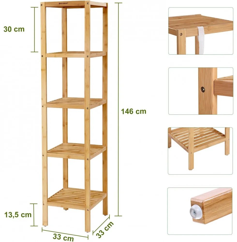Bambusz polc fürdőszobába, konyhába, 5 szintes 33x33x146cm