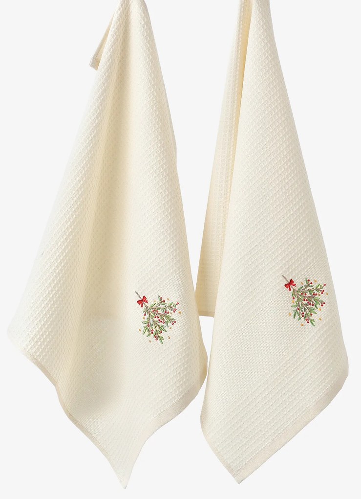 Goldea karácsonyi hímzett waffle konyharuha - fagyöngy krém alapon 50 x 70 cm