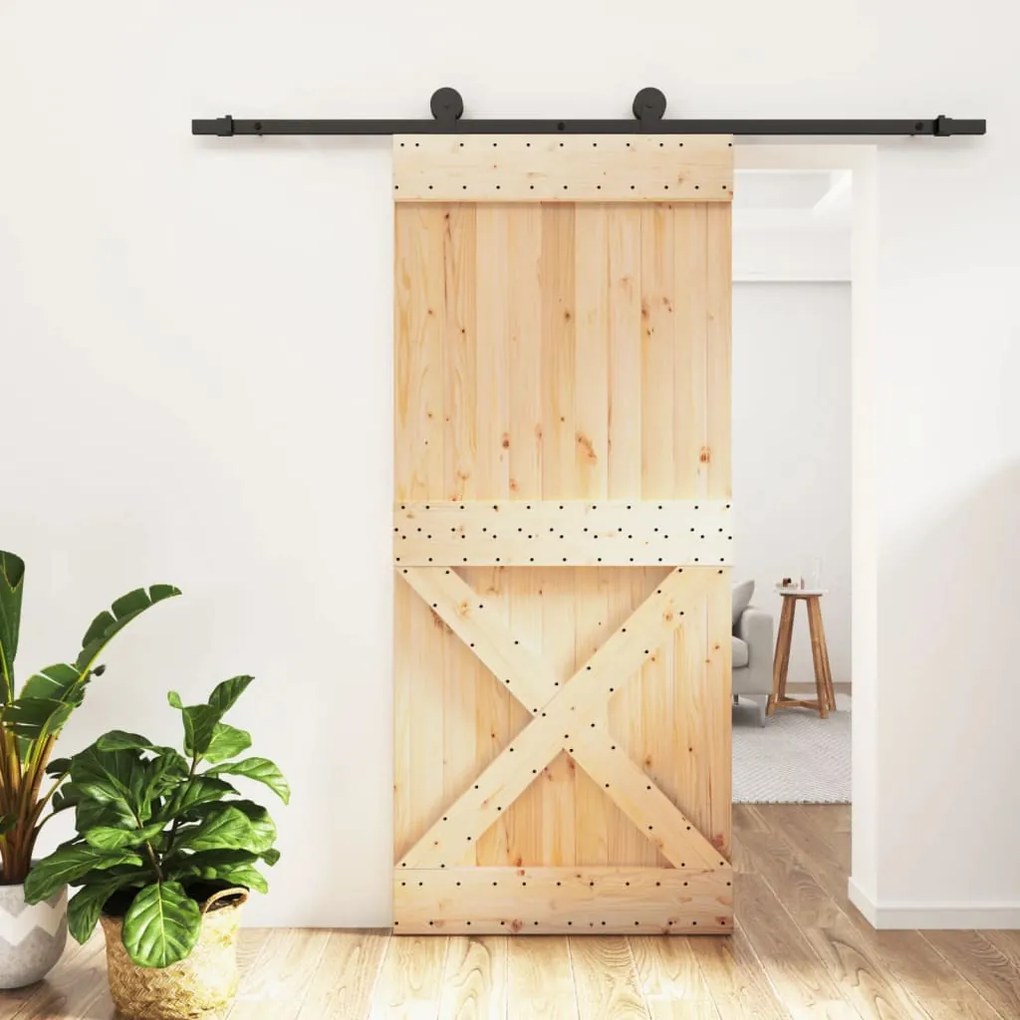 Tömör fenyőfa tolóajtó fémszerelék szettel 90 x 210 cm