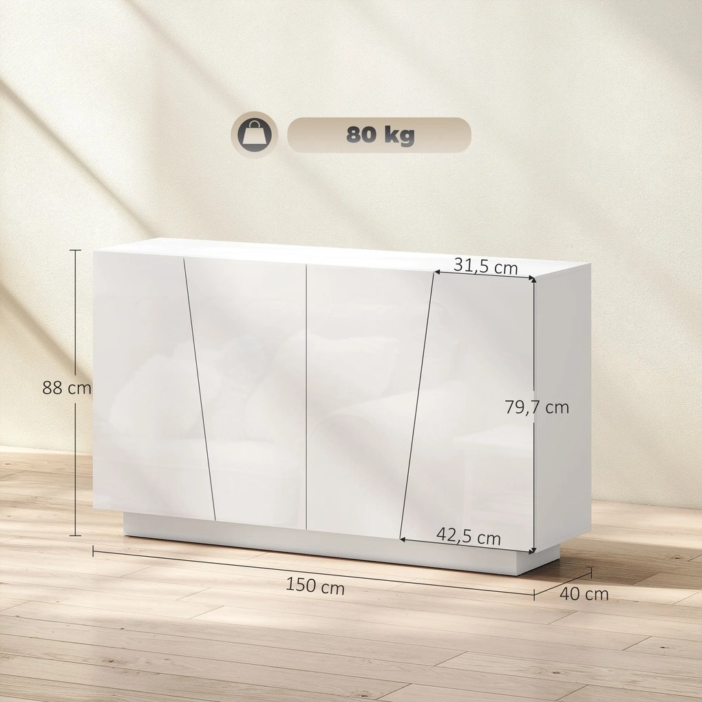 HOMCOM Tároló Szekrény Ajtókkal és Állítható Polccal, Tároló Ruhásszekrény Nappaliba, Konyhába, Hálószobába, 150 x 40 x 88 cm, Fehér Fényes | Aosom