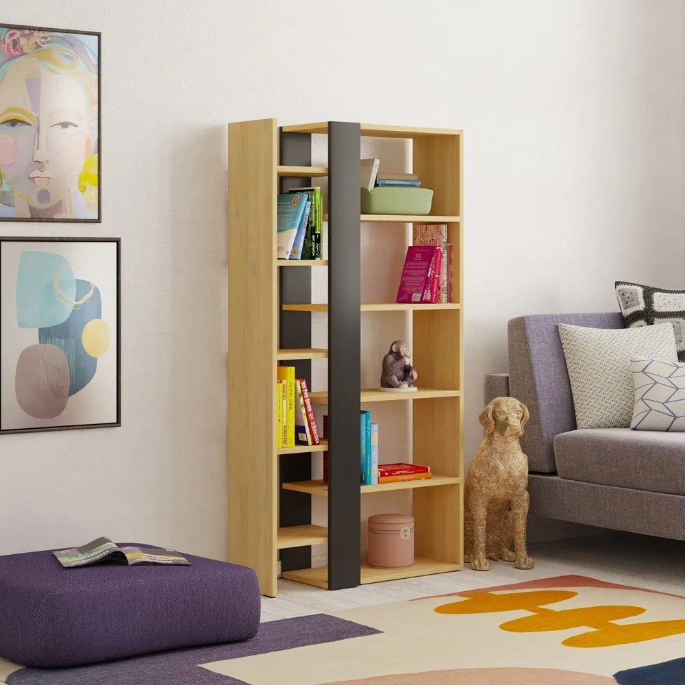 Fekete-natúr színű könyvespolc tölgyfa dekorral 80x152 cm Axel – Marckeric