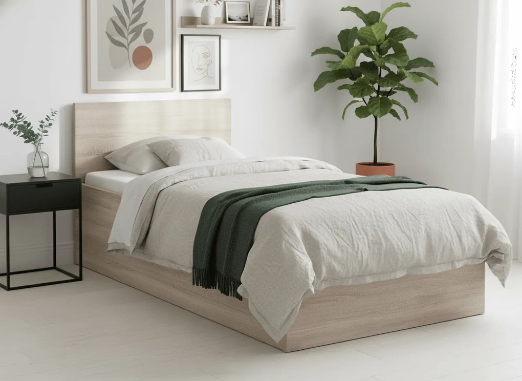 SOFIA ágy 90 x 200 cm, sonoma tölgy Ágyrács: Léces ágyrács, Matrac: Coco Maxi 20 cm matrac