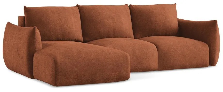 Terrakotta színű zsenília kinyitható sarokkanapé (bal oldali-heverő résszel) Leila – Makamii