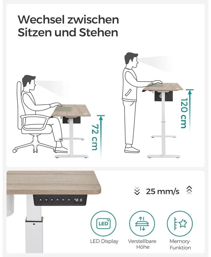 Állítható magasságú elektromos íróasztal memória funkcióval 60x140 cm, fehér-greige | SONGMICS