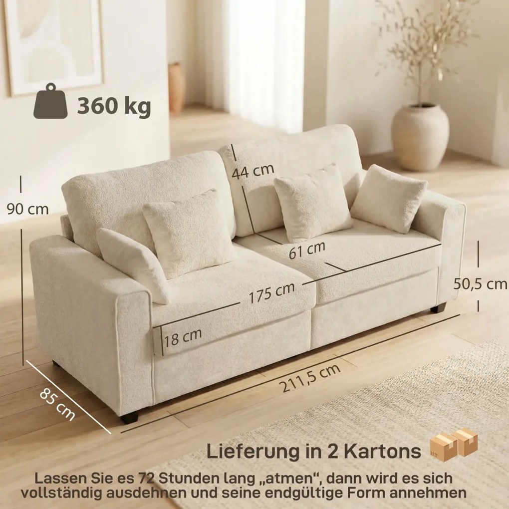 HOMCOM Kanapé, 3 személyes, bársony kárpitozással, 4 párna, 211,5 x 85 x 90 cm, bézs