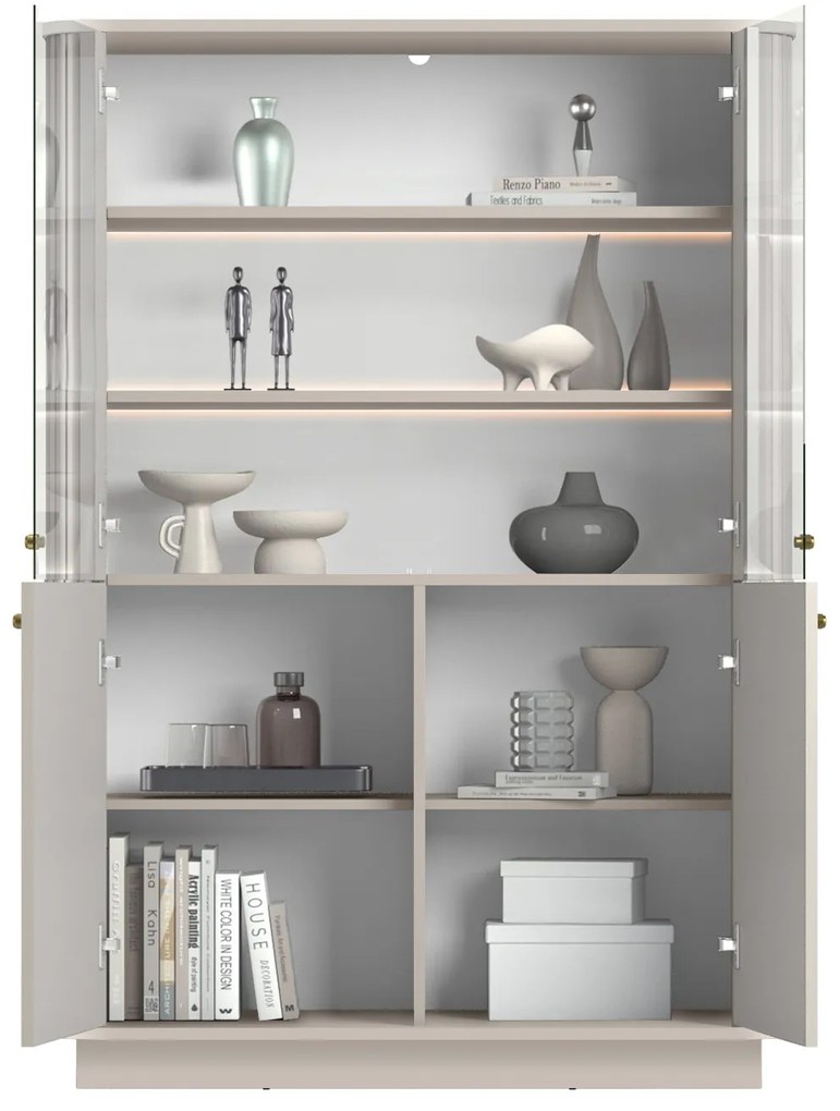 Vesper négyajtós vitrines szekrény 103 cm lábazaton - kasmír / arany fogantyúk