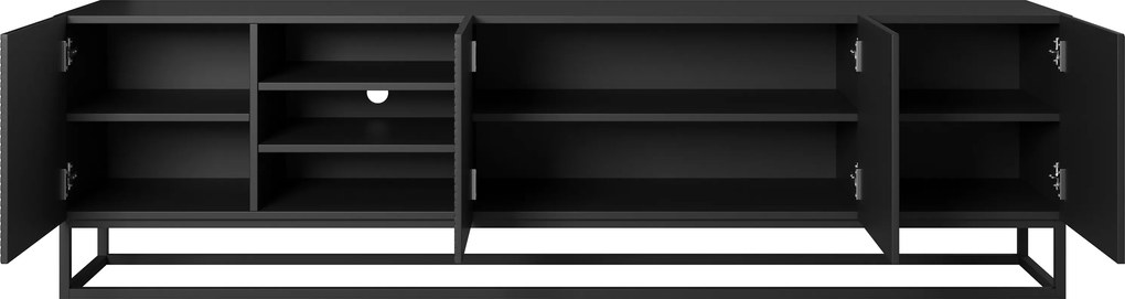 Asha RTV szekrény 200 cm bordázott fülkével és fém vázzal - fekete matt