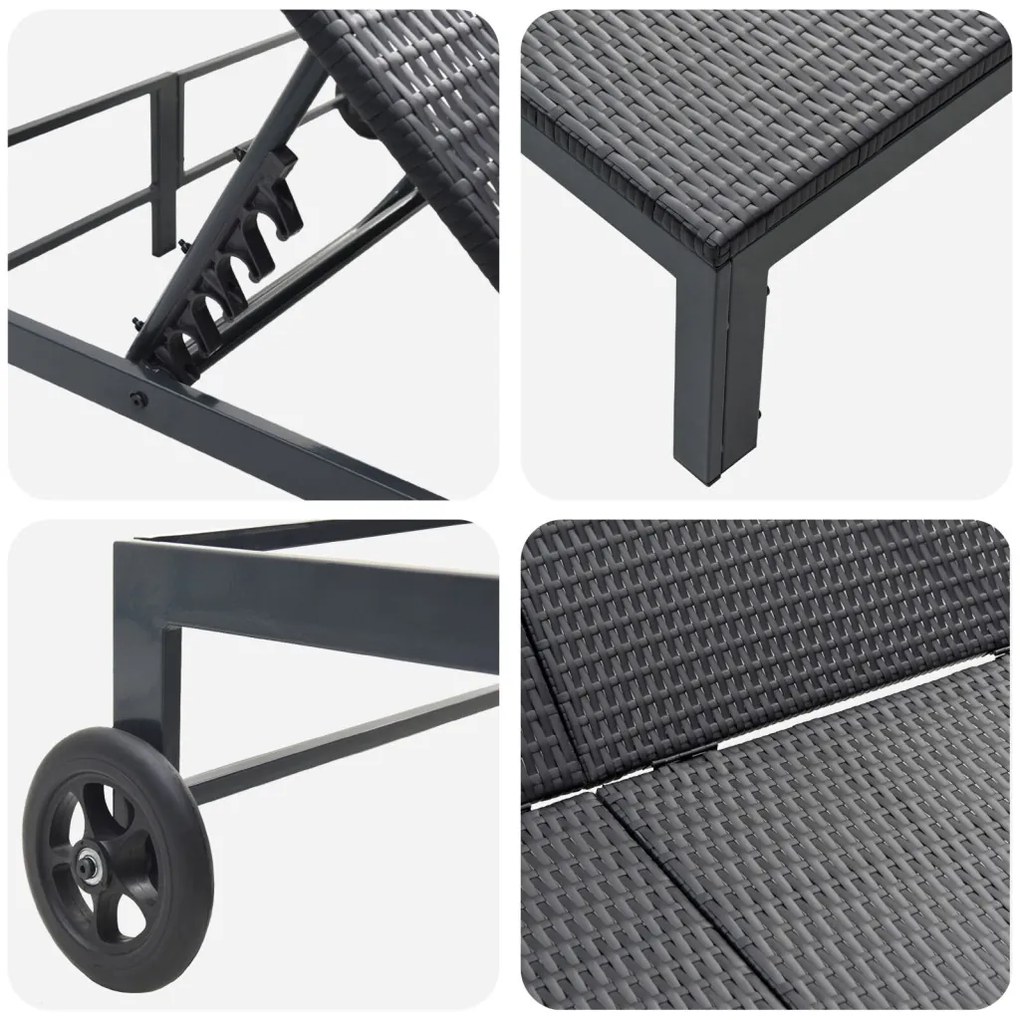 Napozóágy Párnákkal és Kerekekkel 2 Személyes Fekete Poli Rattan