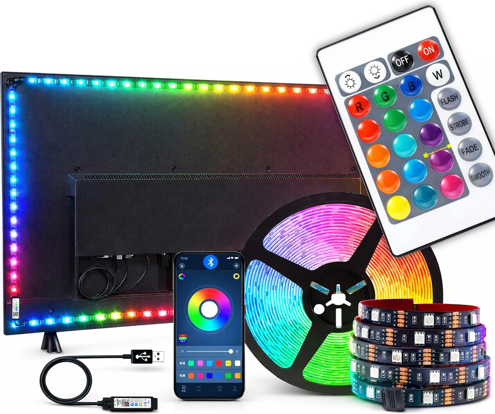 Rgb Led szalag 5050 5m Tv monitorhoz Usb Bluetooth távirányító