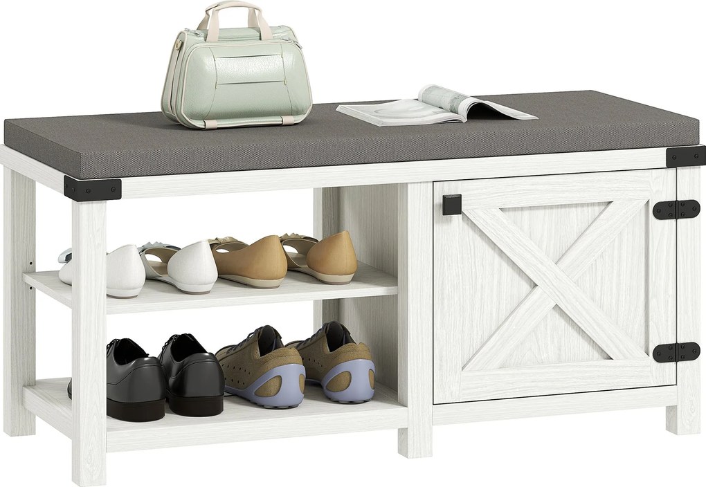 HOMCOM Rusztikus Cipőpad Cipőszervíz Pad Ülőkével Cipőtároló Pad Rekeszekkel 7 Pár Cipőhöz Előszoba Nappali Hálószoba 100x40x48 cm Fehér és Szürke | A