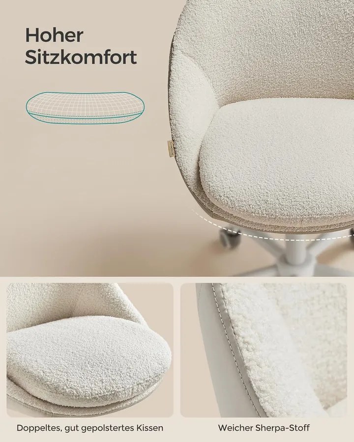 Otthoni irodai szék, sminkszék sherpa anyagból, cappuccino bézs–felhőfehér színben