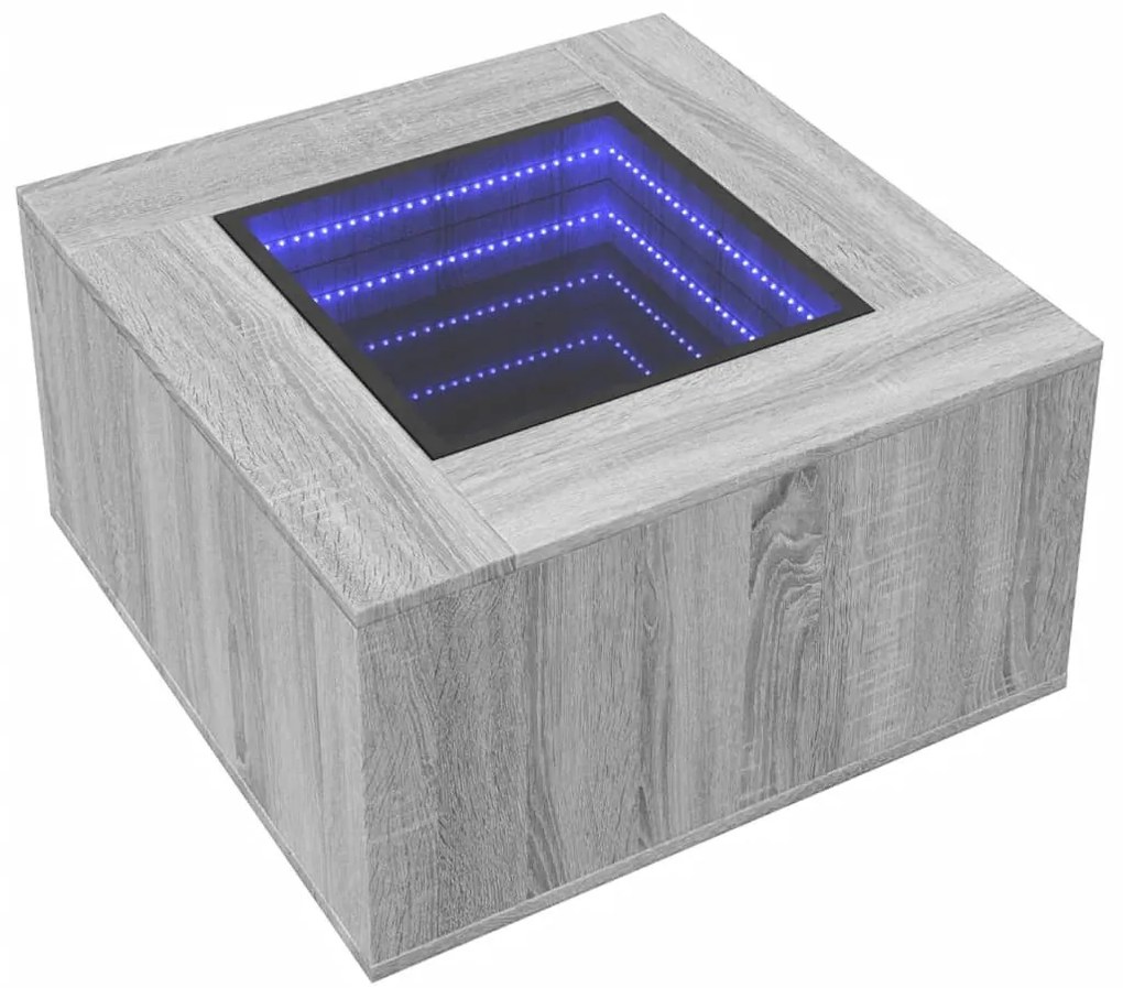 Szürke sonoma szerelt fa dohányzóasztal LED-del 60 x 60 x 40 cm