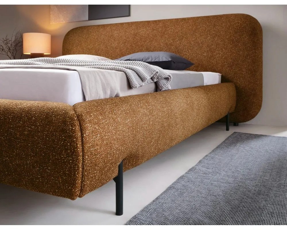 Okkersárga kárpitozott ágyneműtartós franciaágy ágyráccsal 160x200 cm Pointt – ELTAP