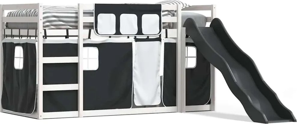 vidaXL fehér-fekete emeletes ágy csúszdával és függönnyel 90 x 190 cm