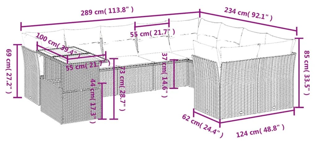 10 részes szürke polyrattan kerti ülőgarnitúra párnákkal