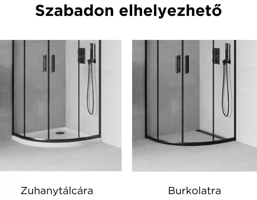 Elio Black 80X80 cm íves két tolóajtós zuhanykabin 6 mm vízlepergető biztonsági üveggel, fekete elemekkel, 190 cm magas