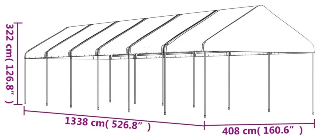 Fehér polietilén pavilon tetővel 13,38 x 4,08 x 3,22 m