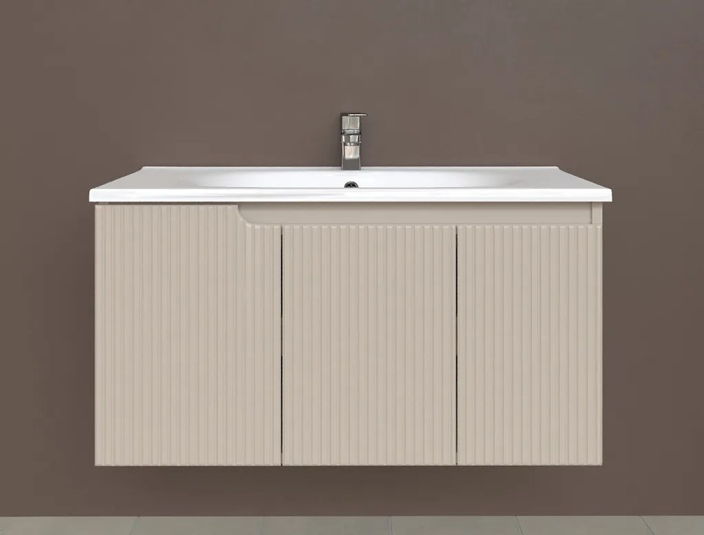 Piramida EURIDIKA fali fürdőszobabútor - műmárvány mosdóval -3 ajtós - PINO BÉZS - 100 x 48 x 53 cm