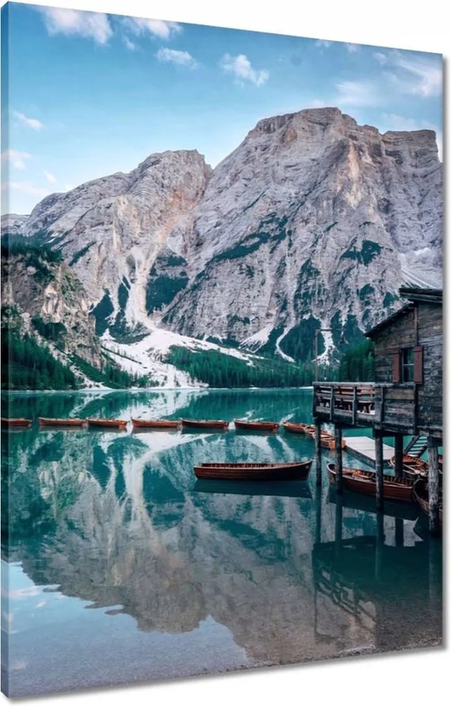 Vászonkép 60x80 Hegyi tó és házikó