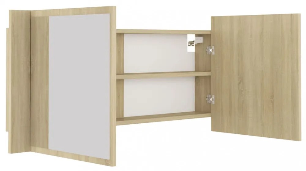 tölgyszínű akril LED-es tükrös fürdőszobaszekrény 100x12x45 cm
