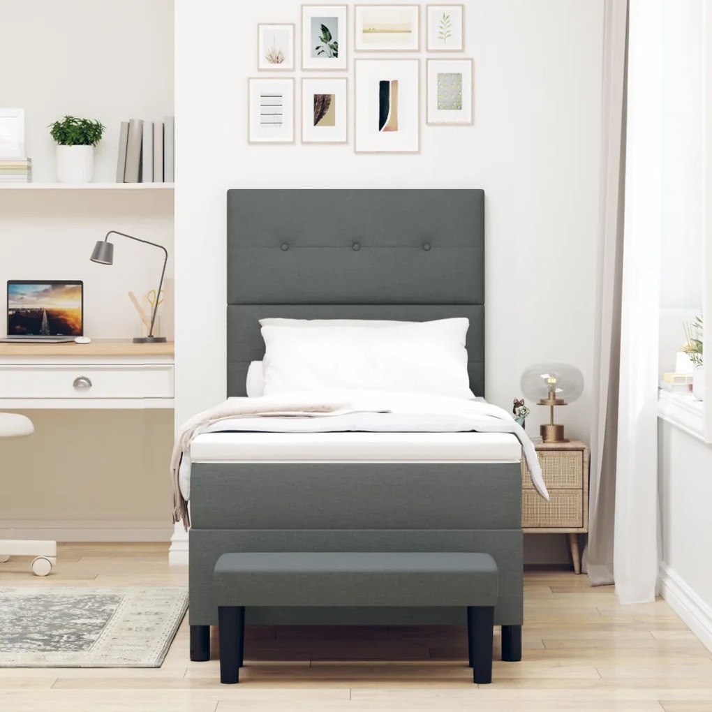 Box Spring Ágy Matraccal és Padlóval Sötét Szürke 90x200 cm Textil