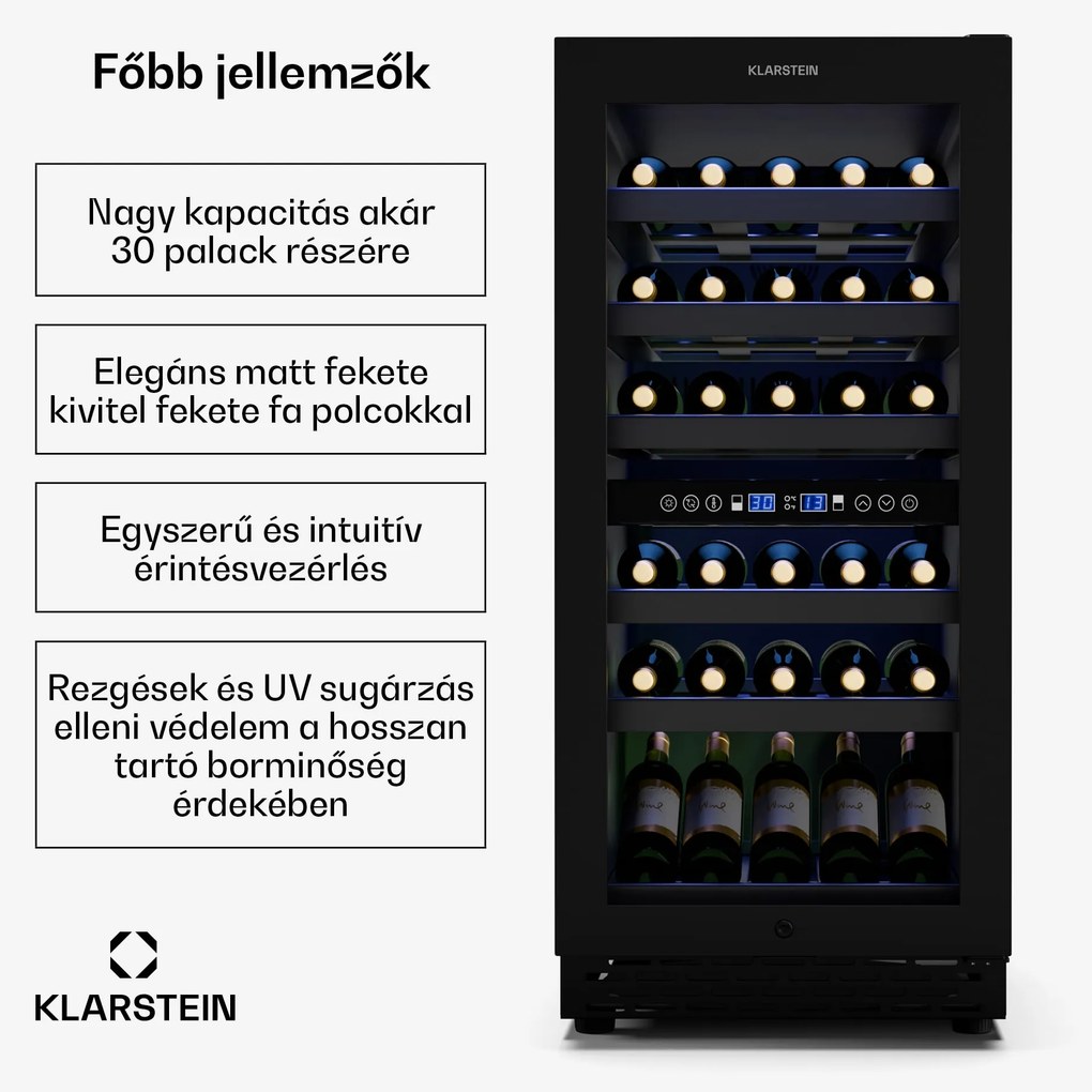Klarstein Vinovilla 30 Duo borhűtő, 2 hűtőzóna, 32 palack, fa polcok, 5-18 °C