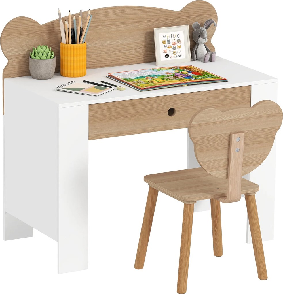 AIYAPLAY Gyerekíróasztal Medveformájú Székkel – Gyerekeknek Szánt Íróasztal Fiókkal Tanulásra, Olvasásra és Rajzolásra – Gyerekasztal Szobába | Aosom