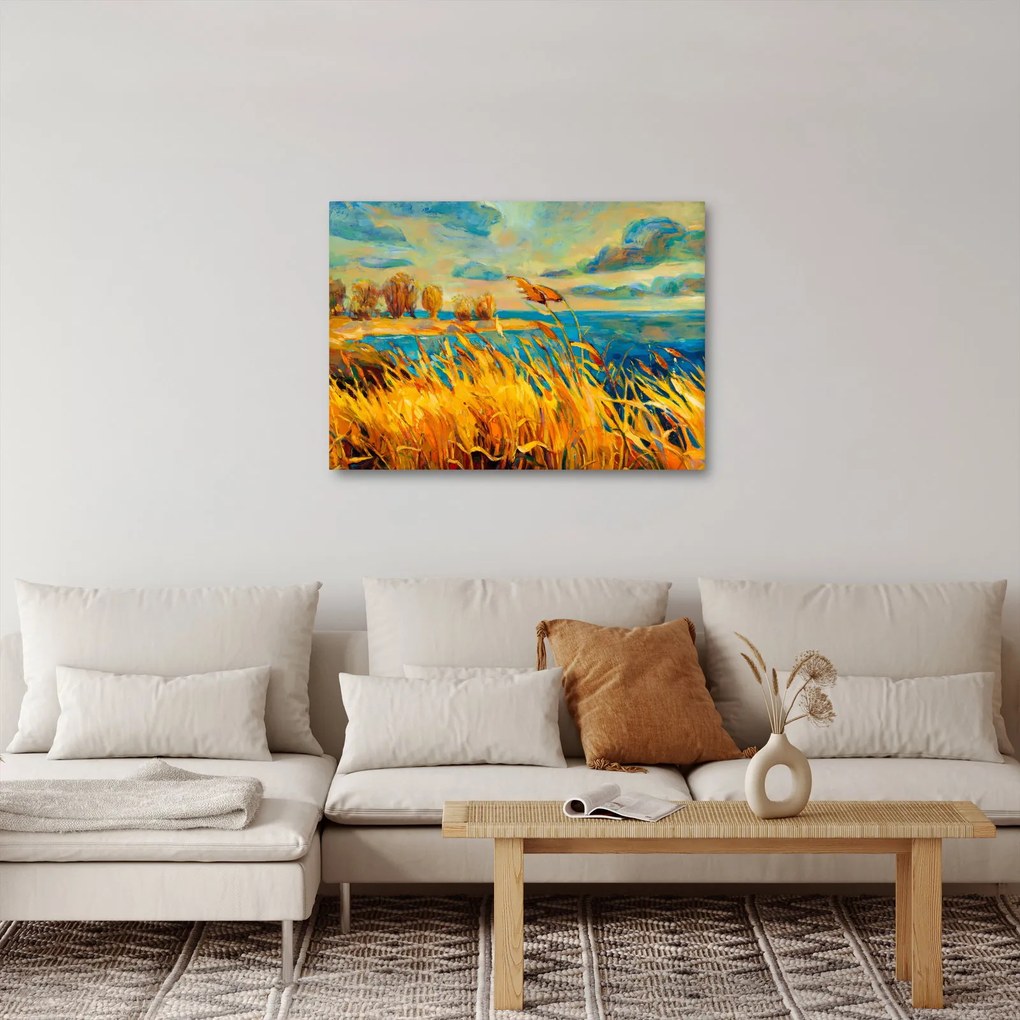 Kép - naplemente a tó felett, akril festmény (70x50 cm)