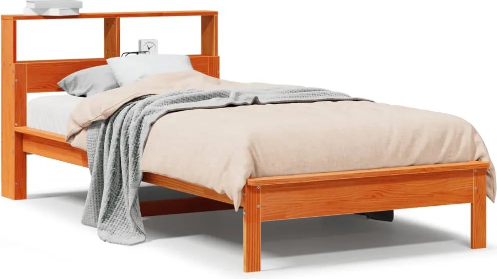 vidaXL barna tömör fenyőfa könyvespolcos ágy matrac nélkül 90 x 200 cm