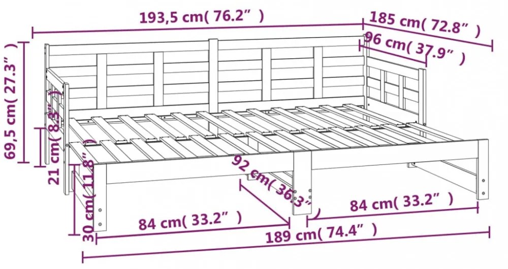 fekete tömör fenyőfa kihúzható kanapéágy 2 x (90 x 190) cm