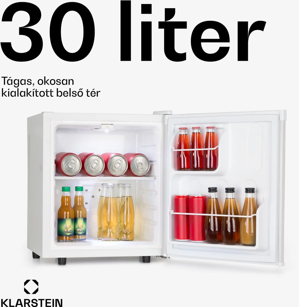 Klarstein Silent Cool, hűtőszekrény, 30 liter, Arctic-Fox Cooling, F energiahatékonysági osztály, fehér