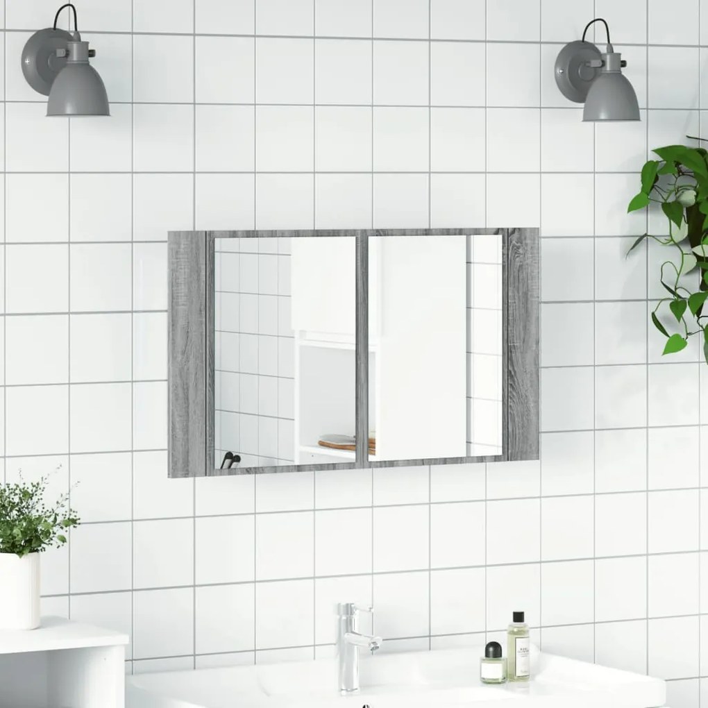 szürke sonoma akril LED-es tükrös fürdőszobaszekrény 80x12x45cm