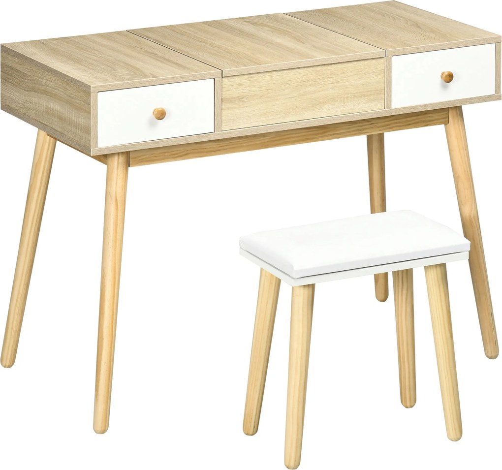 HOMCOM Smink Tükörrel Ellátott Képzőasztal Párnázott Székkel, 100x45x118 cm Természetes Szín | Aosom
