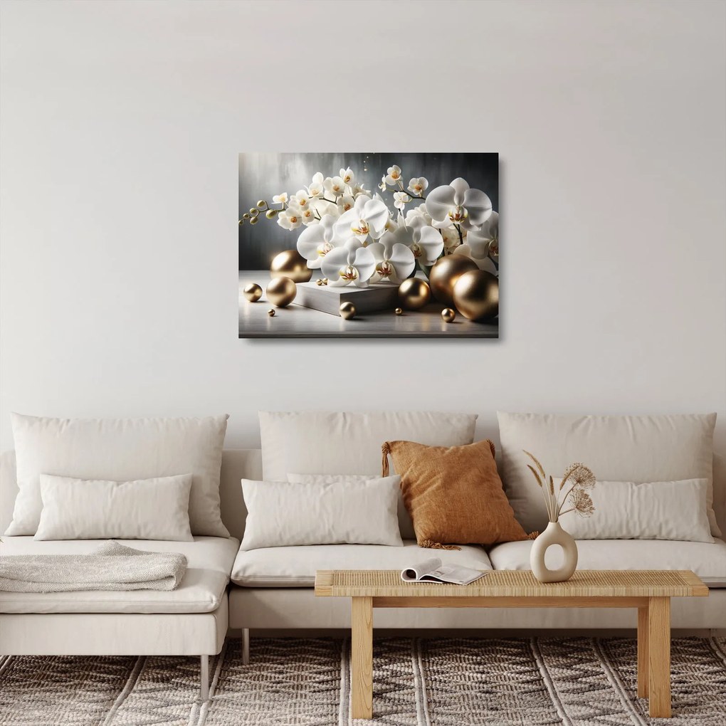 Üveg kép - Orchidea és aranygolyók (70x50 cm)