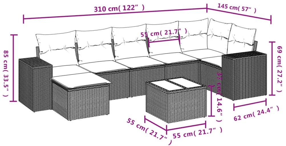 8 részes szürke polyrattan kerti ülőgarnitúra párnákkal