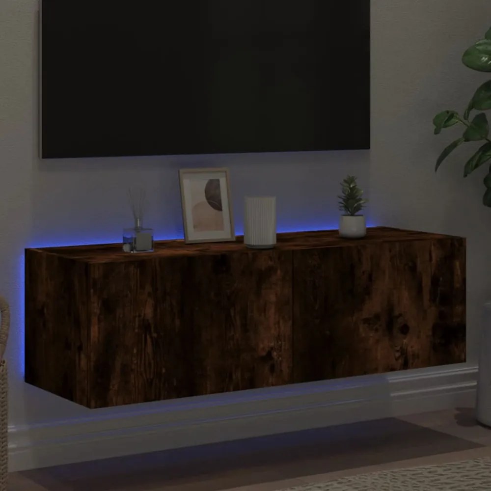 füstös tölgy színű fali TV-szekrény LED-ekkel 100 x 35 x 41 cm