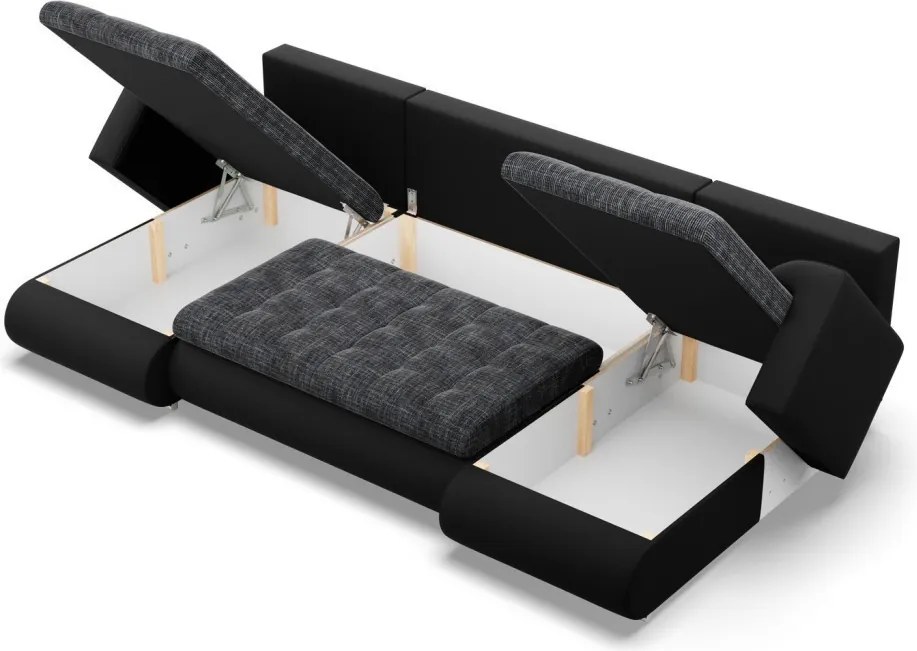 Tokio U alakú sarokkanapé, 3 ágyneműtartóval, fonott + műbőr, univerzális oldal, szürke - fekete