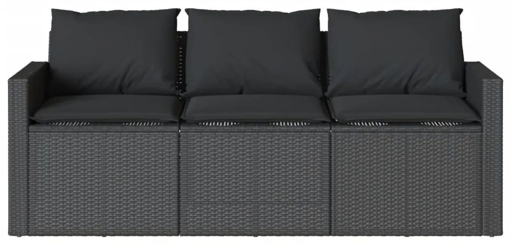 Fekete 3 személyes polyrattan kerti kanapé párnákkal