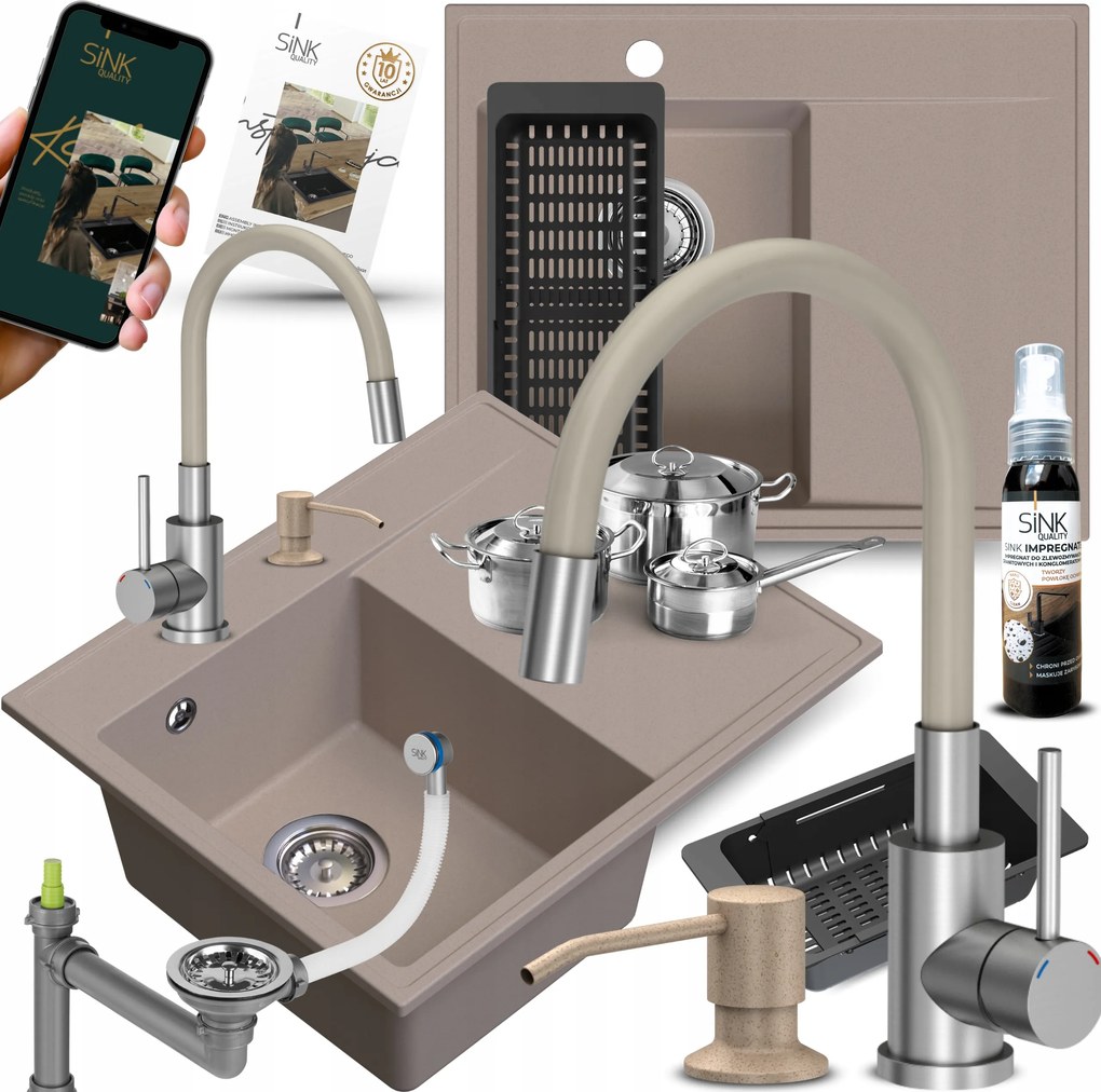 Gránit mosogató folyadék Konyhai Csapteleppel bézs 10in1