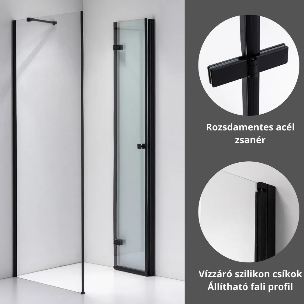 Stuxi Verona Black 110x110 cm szögletes csuklóajtós zuhanykabin, 6 mm vízlepergető üveggel, fekete elemekkel