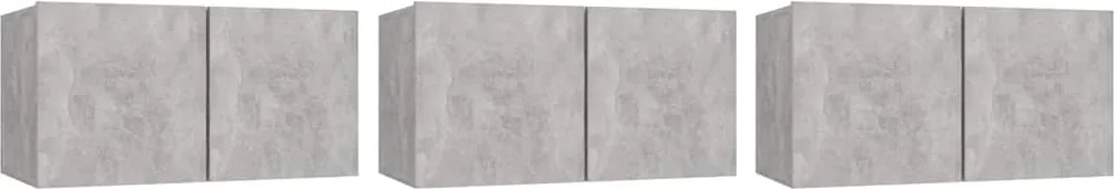 vidaXL 3 db betonszürke függő TV-szekrény 60 x 30 x 30 cm