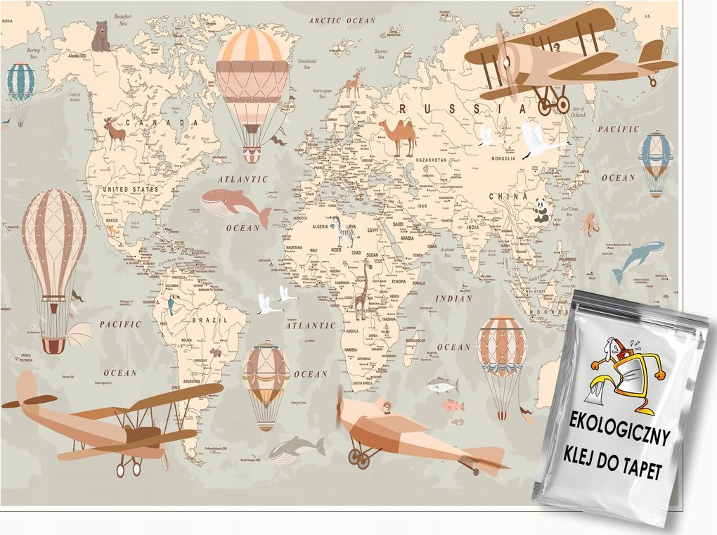 Fotótapéta Gyerekeknek Világtérkép Állatok Falikép 150x105