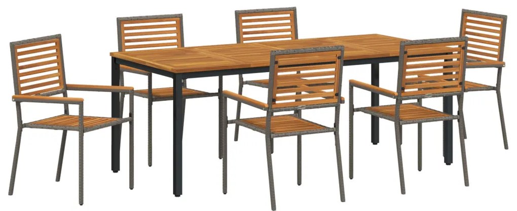 7 darabos Kerti Étkezőszett Szürke Poli Rattan Akác, Egymásra rakható Kerti Székek párnákkal 2 db Szürke Poli Rattan, Kerti Asztal 200x90x75 cm Szilárd Akác Fa és Fém