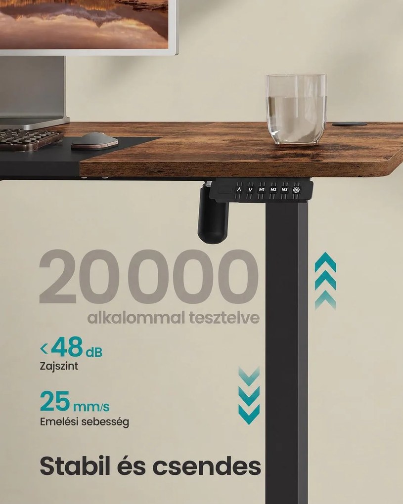 SONGMICS elektromosan állítható magasságú íróasztal, 140 x 60 cm, 4 memóriahellyel, USB-C töltőporttal és tárolózsebbel, vintage barna és fekete