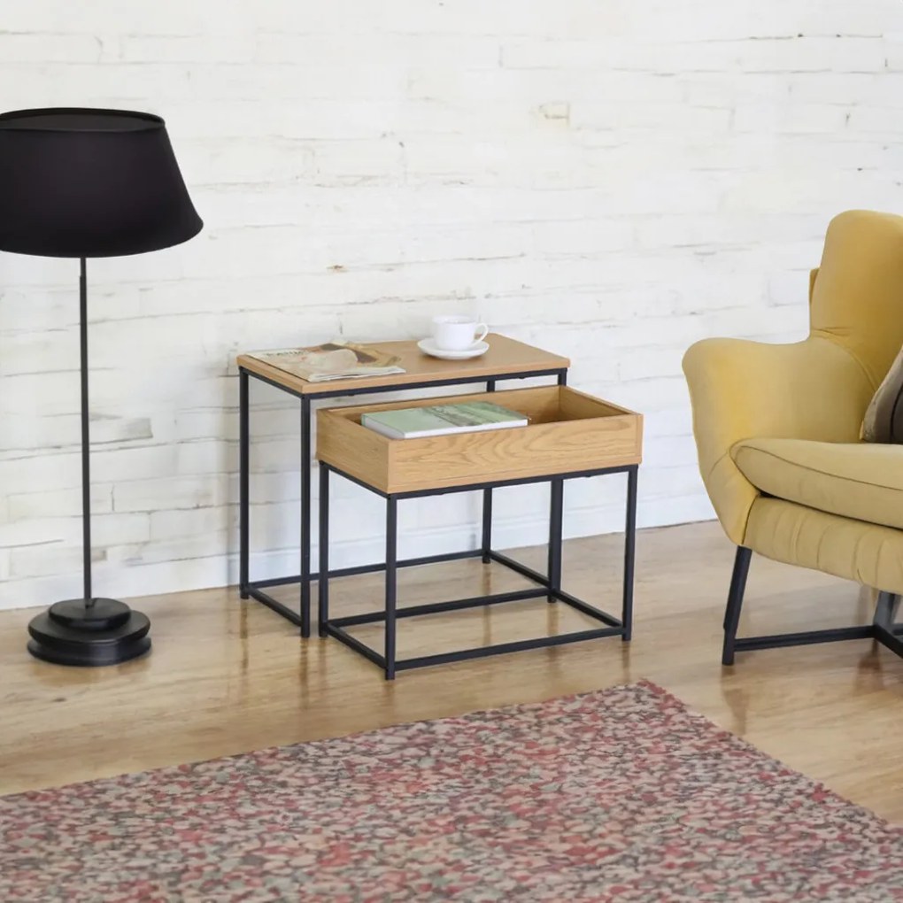 Intenso Home 2 részes dohányzóasztal szett / éjjeliszekrény 60 x 30cm (Aranytölgy) | Masszív fém váz, praktikus fiók