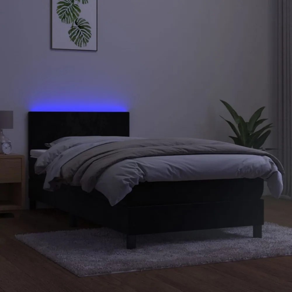 fekete bársony rugós és LED-es ágy matraccal 90x190 cm