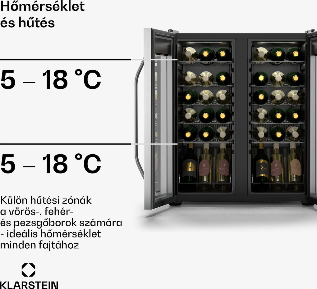 Klarstein Vinamour borhűtő, 2 hűtési zóna, 7 polc, érintésvezérlés, UV-védelem